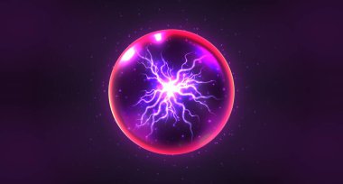 Kristal sihirli küre, içinde yıldırım olan mistik kehanet küresi, parlak yıldızlı kahin küresi ve elektrik yükü. Fantezi vektör illüstrasyonu.