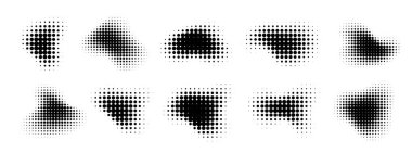 Soyut yarım ton figürleri, gradyan nokta dokusu, dairesel sprey etkisi, grafiksel retro şekiller. Vektör illüstrasyonu.