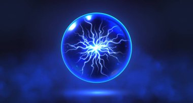 Dumanlı kristal sihirli küre, içinde yıldırım olan mistik kehanet küresi, parlak yıldızlı kahin küresi ve elektrik yükü. Fantezi vektör illüstrasyonu.