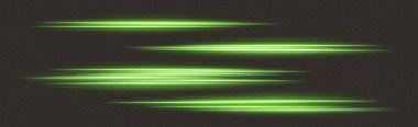 Yeşil hız çizgileri, parlayan sihirli ışınlar, soyut neon çizgiler. Işıklar hareket halinde. Vektör illüstrasyonu.