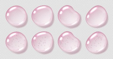 Pembe serum damlaları, şeffaf jel damlacıkları, gerçekçi parlak sıvı, nemlendirici kozmetik ürün, hyaluronik asit konsepti. Vektör illüstrasyonu.
