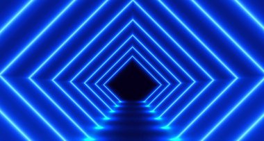 Neon tüneli, öncü koridorlu fütüristik oda, ışıldayan eşkenar dörtgen modern arka plan. Vektör illüstrasyonu.