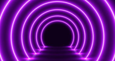 Neon parlak kemer tüneli, öncü koridorlu fütüristik oda, modern arka plan. Vektör illüstrasyonu.