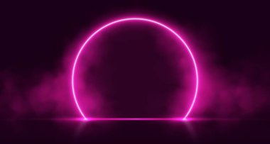 Dumanlı neon kemer, pembe parlayan portal, fütüristik daire kapısı, buharlı sihirli sahne. Vektör illüstrasyonu.