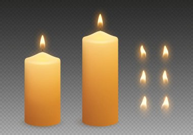 Parlayan ışık ve alev varyasyonlu mumlar. Gerçekçi parafin mumları. Vektör illüstrasyonu.