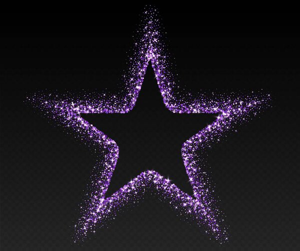 Фиолетовый блеск рамка, мерцающая граница в форме звезды, праздничные блески. Рождественское украшение. Векторная иллюстрация.