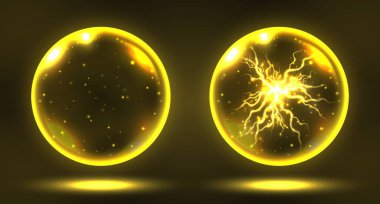 Kristal sihirli küre, içinde yıldırım olan mistik kehanet küresi, parlak yıldızlı kahin küresi ve elektrik yükü. Fantezi vektör illüstrasyonu.