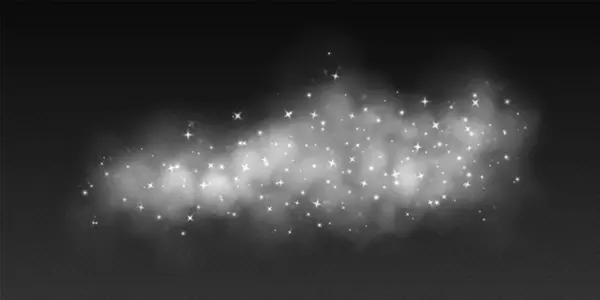 Yıldızlı ve parıltılı beyaz sihirli duman, parlayan parçacıklı sis, yıldız tozlu renkli buhar. Fantezi sisi örtüsü. Vektör illüstrasyonu.