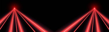 Kırmızı lazer ışınları, konser ya da gece kulübü ışıkları efekti. Lazerler hareket halinde, soyut bir bakış açısı var. Vektör illüstrasyonu.