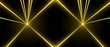 Sarı lazer ışını, konser ya da gece kulübü spot ışıkları efekti. Lazerler hareket halinde, soyut bir bakış açısı var. Vektör illüstrasyonu.