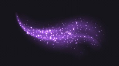 Parıltılı mor sihirli bulut, parlak yıldız tozu süslemesi. Işıltılı duman izi. Vektör illüstrasyonu.