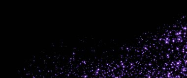 Mor yıldızlar ve parıltılar, sihirli yıldız tozu arka planı, parlayan ışık efekti. Parlak parçacıklar, parıldayan ışıltı. Tatil dekorasyonu. Vektör illüstrasyonu.