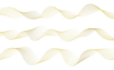Altın çizgi dalga, soyut dalgalı kıvrımlar, lüks akış sanat kurdeleleri, beyaza izole edilmiş zarif dekorasyon. Vektör illüstrasyonu.