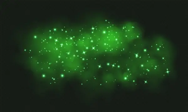 Yıldızlı ve parıltılı yeşil sihirli duman, parlayan parçacıklı sis, yıldız tozlu renkli buhar. Fantezi sisi örtüsü. Vektör illüstrasyonu.