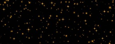 Altın yıldızların arka planı, parlak parıltılar, sihirli parıltılar, yıldızlı gece konsepti. Vektör illüstrasyonu.