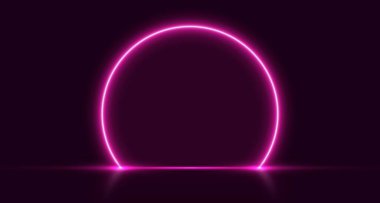 Neon kemer, pembe parlak portal, fütüristik daire sahne, sihirli kapı arka planı. Vektör illüstrasyonu.