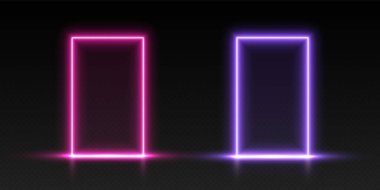 Neon kapılar, pembe ve mor parlak kapılar, fütürist kapılar, sihirli LED çerçeveler. Vektör illüstrasyonu.