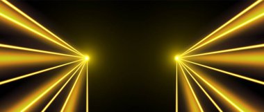 Sarı lazer ışını, konser ya da gece kulübü spot ışıkları efekti. Lazerler hareket halinde, soyut bir bakış açısı var. Vektör illüstrasyonu.