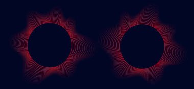 Yuvarlak ses dalgası çerçeveleri, dairesel çizgiler, radyal kıvrımlı şekiller, geometrik eşmerkezli tasarım. Vektör illüstrasyonu.
