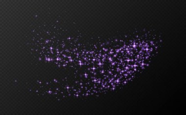 Mor yıldızlar ve parıltılar, sihirli yıldız tozu arka planı, parlayan ışık efekti. Parlak parçacıklar, parıldayan ışıltı. Tatil dekorasyonu. Vektör illüstrasyonu.