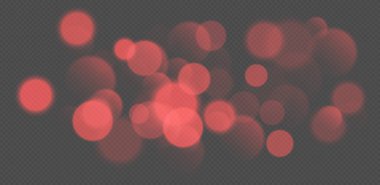 Kırmızı bokeh, bulanık arka plan, parlak ışıklar, bulanık parıltı efekti. Parlak, yumuşak, soyut bir arkaplan. Vektör illüstrasyonu.