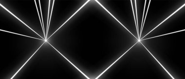 Lazer ışınları, parlak neon hatları, parlak fütüristik arka plan. Konser ya da gece kulübü ışıkları. Vektör illüstrasyonu.