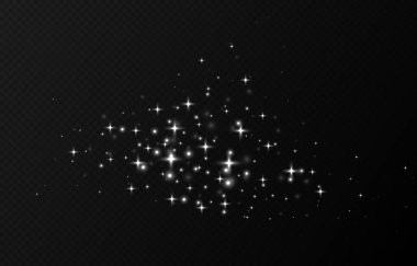 Beyaz parıldayan yıldızlar, parlak parçacıklar ışık efekti, şeffaf uçan yıldız tozu dokusu, soyut ışıldayan Noel süslemesi. Vektör illüstrasyonu.