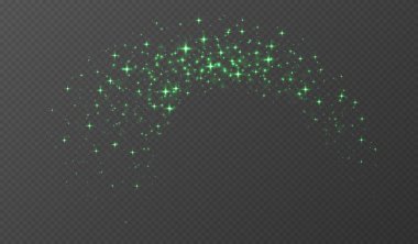 Yeşil parıldayan yıldızlar, parlak parçacıklar ışık efekti, şeffaf uçan yıldız tozu dokusu, soyut ışıldayan Noel süslemesi. Vektör illüstrasyonu.