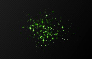 Yeşil parıldayan yıldızlar, parlak parçacıklar ışık efekti, şeffaf uçan yıldız tozu dokusu, soyut ışıldayan Noel süslemesi. Vektör illüstrasyonu.