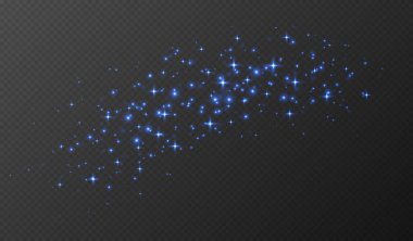 Mavi parıldayan yıldızlar, parlak parçacıklar ışık efekti, şeffaf uçan yıldız tozu dokusu, soyut ışıldayan Noel süslemesi. Vektör illüstrasyonu.