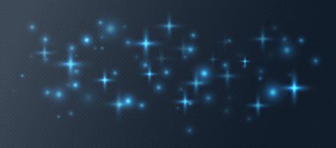 Mavi parıldayan yıldızlar, parlak parçacıklar ışık efekti, şeffaf uçan yıldız tozu dokusu, soyut ışıldayan Noel süslemesi. Vektör illüstrasyonu.