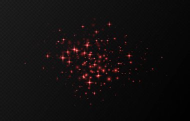 Kırmızı parıldayan yıldızlar, parlak parçacıklar ışık efekti, şeffaf uçan yıldız tozu dokusu, soyut ışıldayan Noel süslemesi. Vektör illüstrasyonu.