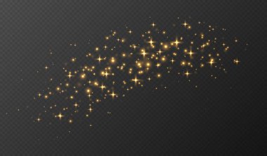 Altın parıldayan yıldızlar, parlak parçacıklar ışık efekti, şeffaf uçan yıldız tozu dokusu, soyut ışıldayan Noel süslemesi. Vektör illüstrasyonu.