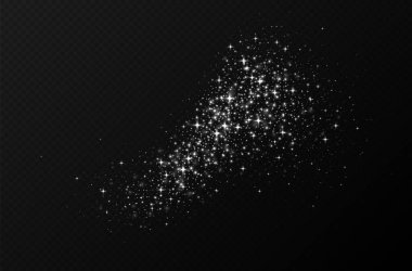 Beyaz parıldayan yıldızlar, parlak parçacıklar ışık efekti, şeffaf uçan yıldız tozu dokusu, soyut ışıldayan Noel süslemesi. Vektör illüstrasyonu.