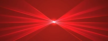 Kırmızı lazer arka plan, ışıldayan ışınlar ya da neon ışınlar, parlak fütüristik fon. Konser ya da gece kulübü ışıkları. Vektör illüstrasyonu.