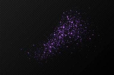 Mor parlak yıldızlar, parlak parçacıklar ışık efekti, şeffaf uçan yıldız tozu dokusu, soyut parıldayan Noel süslemesi. Vektör illüstrasyonu.