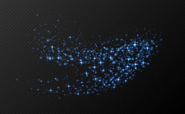 Mavi parıldayan yıldızlar, parlak parçacıklar ışık efekti, şeffaf uçan yıldız tozu dokusu, soyut ışıldayan Noel süslemesi. Vektör illüstrasyonu.