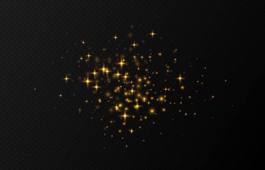 Altın parıldayan yıldızlar, parlak parçacıklar ışık efekti, şeffaf uçan yıldız tozu dokusu, soyut ışıldayan Noel süslemesi. Vektör illüstrasyonu.