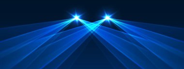 Mavi lazer arka plan, ışıldayan ışınlar ya da neon ışınlar, parlak fütüristik fon. Konser ya da gece kulübü ışıkları. Vektör illüstrasyonu.