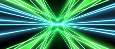 Lazer ışınları ya da ışınlar ışık efekti, parlayan neon hatları, parlak fütüristik arka plan. Konser ya da gece kulübü ışıkları. Vektör illüstrasyonu.