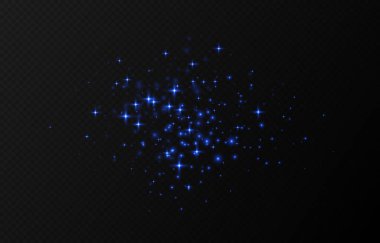 Mavi parıldayan yıldızlar, parlak parçacıklar ışık efekti, şeffaf uçan yıldız tozu dokusu, soyut ışıldayan Noel süslemesi. Vektör illüstrasyonu.