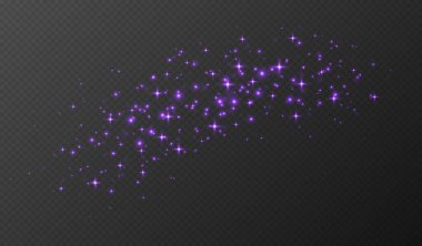 Mor parlak yıldızlar, parlak parçacıklar ışık efekti, şeffaf uçan yıldız tozu dokusu, soyut parıldayan Noel süslemesi. Vektör illüstrasyonu.