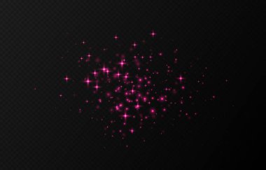 Pembe parıldayan yıldızlar, parlak parçacıklar ışık efekti, şeffaf uçan yıldız tozu dokusu, soyut ışıldayan Noel süslemesi. Vektör illüstrasyonu.