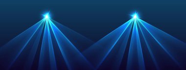 Mavi lazer arka plan, ışıldayan ışınlar ya da neon ışınlar, parlak fütüristik fon. Konser ya da gece kulübü ışıkları. Vektör illüstrasyonu.
