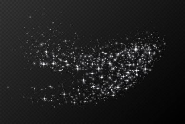 Beyaz parıldayan yıldızlar, parlak parçacıklar ışık efekti, şeffaf uçan yıldız tozu dokusu, soyut ışıldayan Noel süslemesi. Vektör illüstrasyonu.