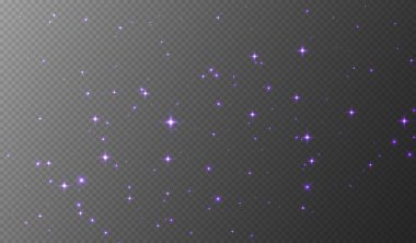Mor parlak yıldızlar, parlak parçacıklar ışık efekti, şeffaf uçan yıldız tozu dokusu, soyut parıldayan Noel süslemesi. Vektör illüstrasyonu.