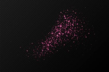 Pembe parıldayan yıldızlar, parlak parçacıklar ışık efekti, şeffaf uçan yıldız tozu dokusu, soyut ışıldayan Noel süslemesi. Vektör illüstrasyonu.
