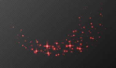 Kırmızı parıldayan yıldızlar, parlak parçacıklar ışık efekti, şeffaf uçan yıldız tozu dokusu, soyut ışıldayan Noel süslemesi. Vektör illüstrasyonu.
