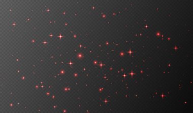 Kırmızı parıldayan yıldızlar, parlak parçacıklar ışık efekti, şeffaf uçan yıldız tozu dokusu, soyut ışıldayan Noel süslemesi. Vektör illüstrasyonu.
