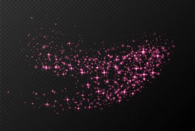Pembe parıldayan yıldızlar, parlak parçacıklar ışık efekti, şeffaf uçan yıldız tozu dokusu, soyut ışıldayan Noel süslemesi. Vektör illüstrasyonu.